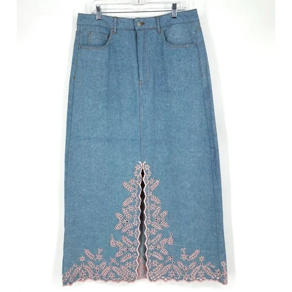 NWT Driftwood Serena Denim Maxi Skirt Sz 32 Blue Pink Eyelet Embroidered Slit‎ - Picture 3 of 14